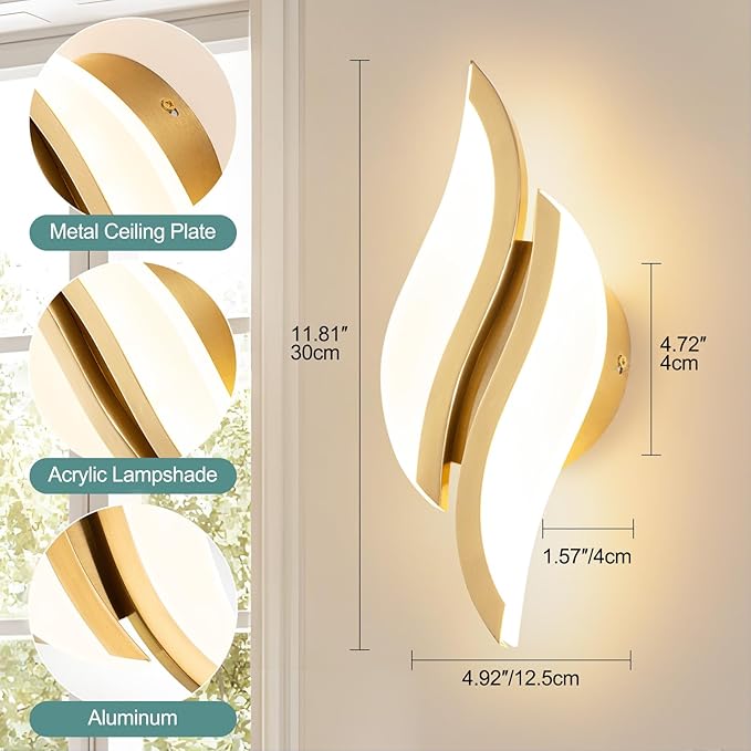 CANEOE Modern LED Wall Sconce 6000K Black Indoor Wall Light Fixtures Acrylic Wall Sconce Lighting for Living Room Bedroom Bedside Bathroom Hallway Stairway Wall Lamp (Gold, 2 Packs, 3000K)