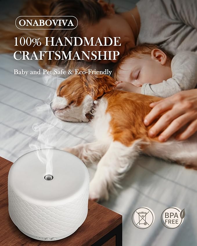 Essential Oil Diffuser -280ml Ceramic Diffuser for Large Room&Commercial Use, 2.4MHz Cool Mist Humidifier & Independent Decorative Light & Aromatherapy Diffuser, Pulse&Continuous Mist, Timer, Auto-Off