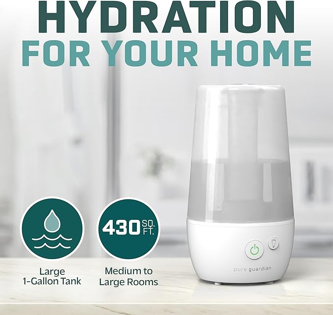 PureGuardian 1-Gallon Ultrasonic Cool Mist Humidifier with Aroma Tray, 70-Hour Run Time, 320 Sq. Ft. Coverage, Filter Free, Silver Clean Treated Tank, for Home, Bedroom, Office, H965WC
