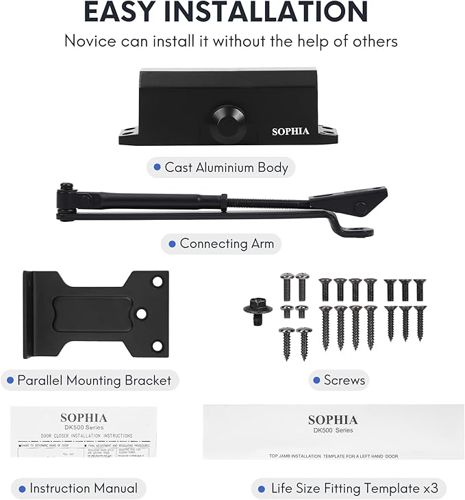 SOPHIA Automatic Door Closer Commercial, Auto Door Closer for Home Size 3 DK500, 3H Fire-Rated Hydraulic Door Closer Residential & Life Size Fitting Template, UL Listed, ANSI Grade 3, Matte Black