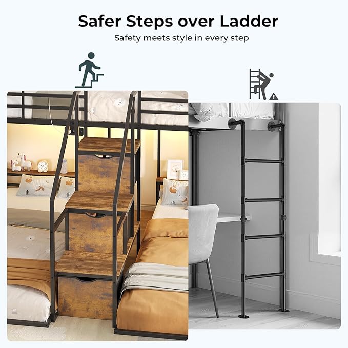 ADORNEVE Triple Bunk Bed with Storage Staircase, RGB Lights & Charging Station, Twin Over Twin, Heavy Duty Metal 3 Bunk Beds with Drawers & Headboard Shelf, Safety Guardrails, for Kids, Black