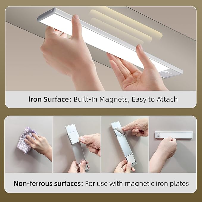 4 Pack Under Cabinet Lighting, Rechargeable Motion Sensor Light Indoor, Wireless Dimmable Magnetic Closet Lights, 32 LED Under Counter Lights for Kitchen, Wardrobe, Stairs, Warm Light