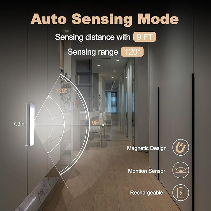 6 Pack Motion Sensor Under Cabinet Light, Magnetic Rechargeable 2 Color Under Counter Light, 8 Inch LED Closet or Stair Bedroom Cupboard