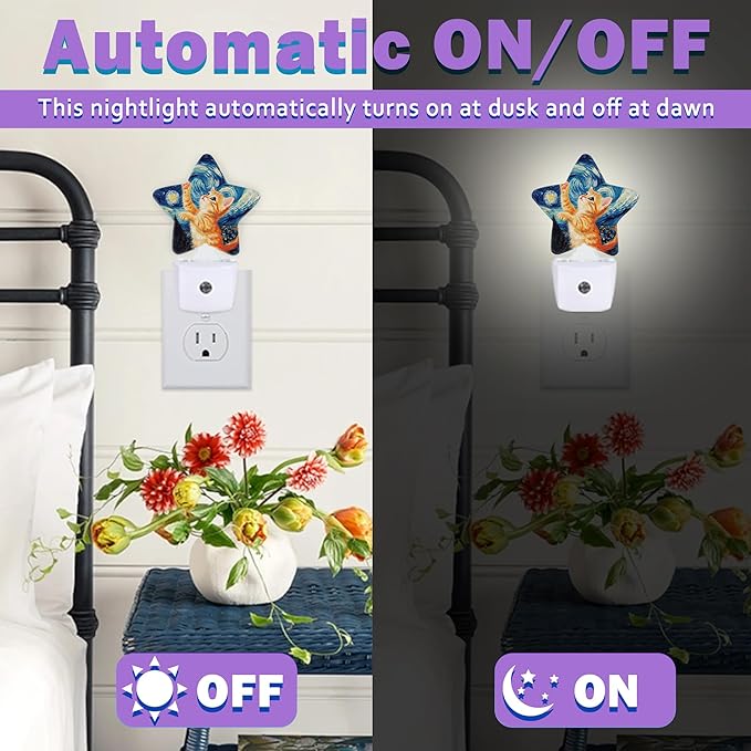 Cute Cat Night Lights Plug Into Wall,Blue Starry Sky Dusk to Dawn Light Sensor Night Light for Kids, Energy Efficient Sleep Friendly Lamp for Bedroom Bathroom Nursery