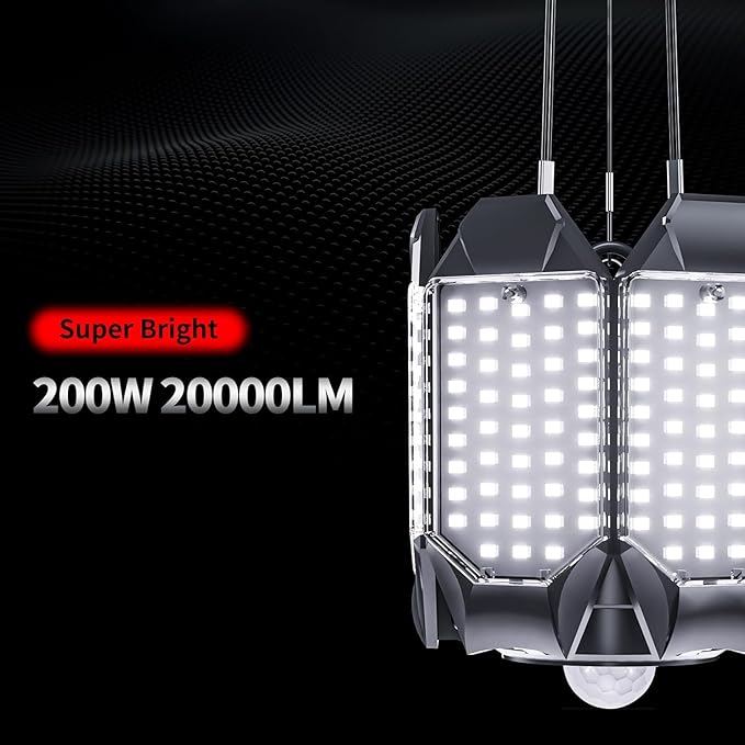Motion Sensor Garage Light, 200W 20000LM Plug in Motion Sensor Light Indoor, Shop Lights for Garage Motion Activated Deformable Panels, Dusk to Dawn Sensor Light for Basement, Workshop, Warehouse