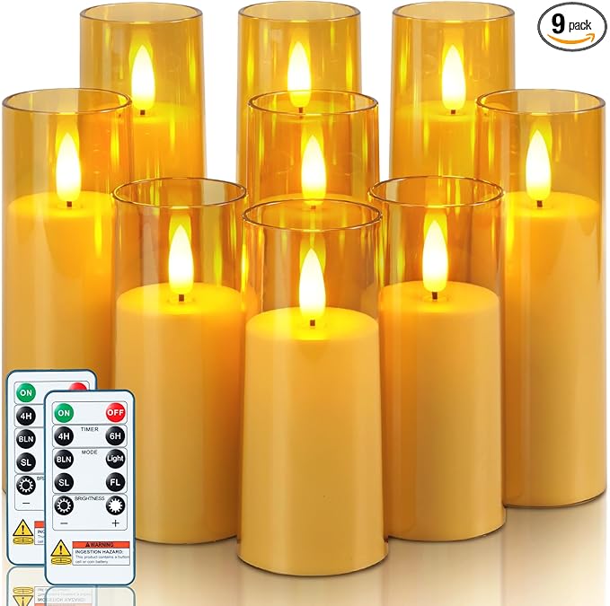 Homemory Amber Acrylic Flameless LED Candles, Battery Operated with Remote Control and Timer, Electric Fake Candles for Wedding, Home Decor, Set of 9