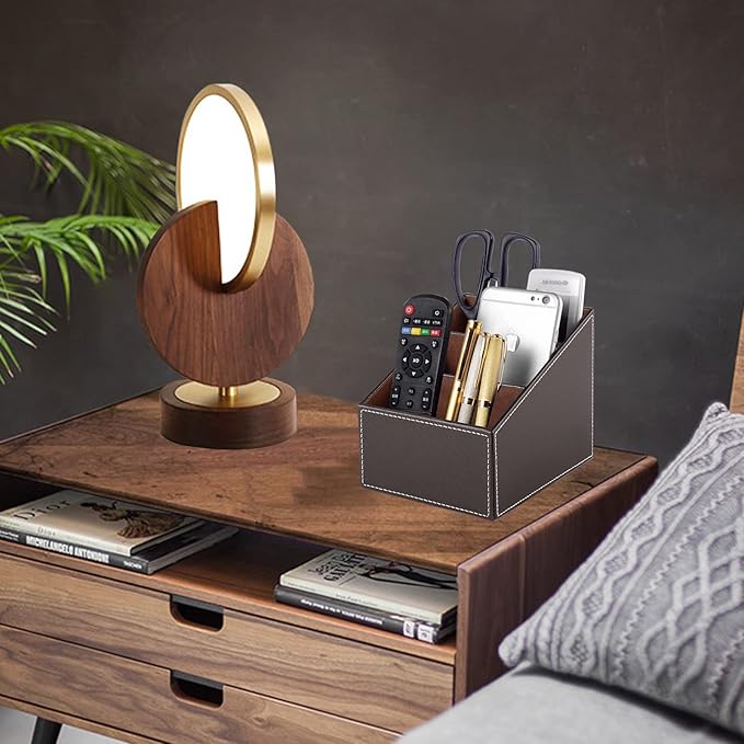 TV Remote Control Organizer/Caddy with 3 Compartments,PU Leather Remote Holder Bedside Table Top, Storage Box, Mobile Phone and Media Accessory Storage,Desk Organizers(brown)