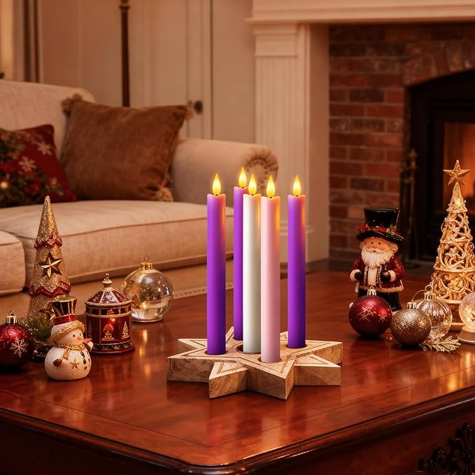 LED Advent Candles Set of 5, Flameless Taper Candles with Remote, Battery Operated Taper Candlestick Flickering, 3 Purple, 1 Pink, 1 White for Christmas Wreath