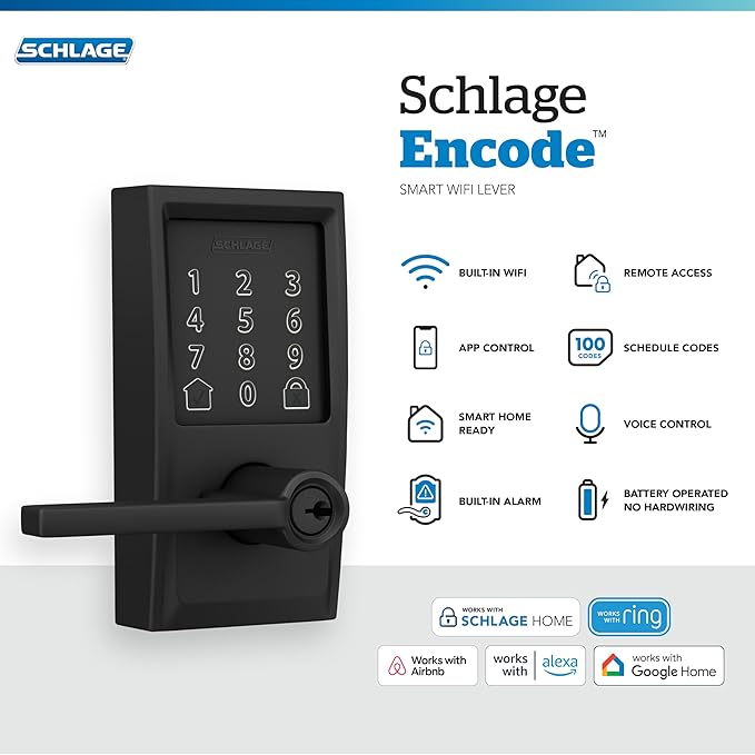 Schlage Encode Smart Wi-Fi Lock with Lever Handle, Touchscreen Keypad, Keyless Entry Door Lock, App Control, Alexa, Google Home and Airbnb Compatible, Matte Black, FE789WB CEN 622 LAT