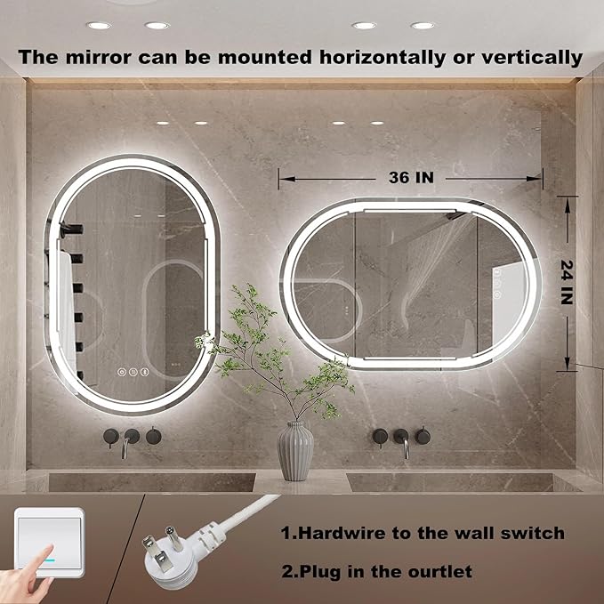 24''X36'' Oval LED Bathroom Mirror with Lights, Built-in Bluetooth Speaker, Anti-Fog Dimmable 3 Lights Setting Backlit + Front Lit, Lighted Vanity Makeup Wall Mirrors, Shatter-Proof IP65 Waterproof