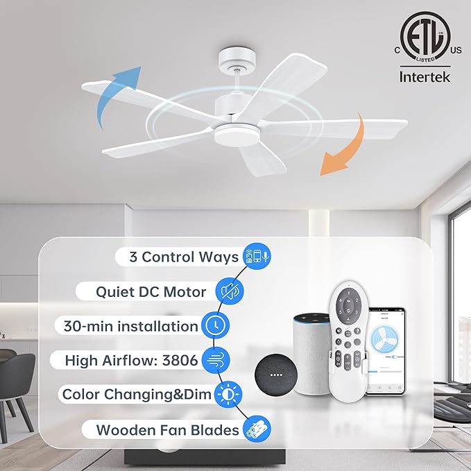 52 Inch Smart Ceiling Fans with Lights and remote,Eco-friendly wood ceiling fan Voice Control via WIFI Alexa App,Quiet DC Motor,Dimmable LED,Modern Ceiling Fan for Bedroom,Living Room,5 blade Fan