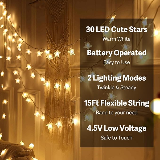 ITICdecor Star String Lights 15 FT 30 LED Fairy Christmas Light Battery Operated Indoor Outdoor Twinkle Lights Bedroom Decor for Party Wedding Xmas Tree (Warm White)