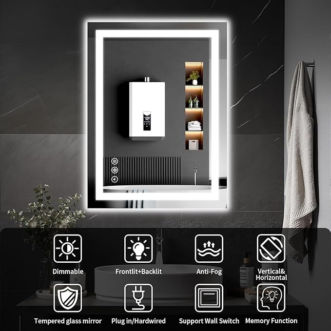 24"x32" LED Bathroom Mirror with Lights, Dimmable, Anti-Fog, Lighted Bathroom Vanity Mirror for Wall, Backlit + Front Lit, Memory Function, Shatter-Proof, Tempered Glass