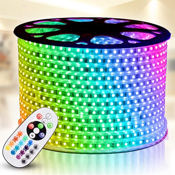 RGB LED Strip Light, AC 110-120V Flexible/Waterproof/Multi Colors/Multi-Modes Function/Dimmable SMD5050 LED Rope Light with Remote for Home/Office/Building Decoration (16.4ft/5m)