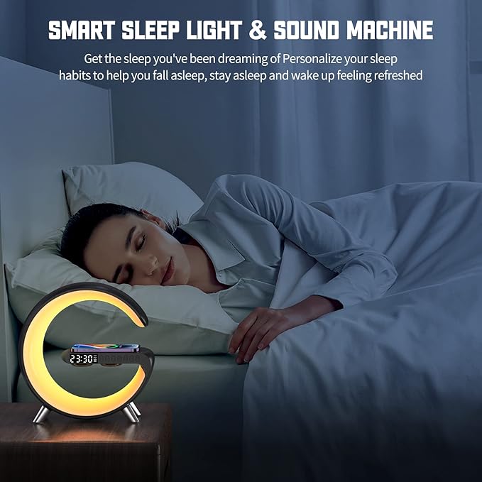 Smart LED Table Lamp,4 in 1 Night Light,Wireless Charger,Alarm Clock and Bluetooth Speaker with App Control Color Changing Atmosphere Table Lamp for Bedroom, Office, Home Decor