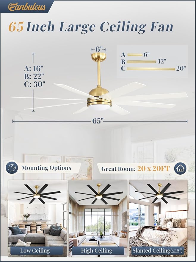 Fanbulous 65 Inch Ceiling Fans with Lights and Remote, Gold Indoor/Outdoor Ceiling Fan with Quiet Reversible DC Motor, 6 Speeds, 3CCT, 8 Blades Large Ceiling Fan for Living Room Bedroom Patio