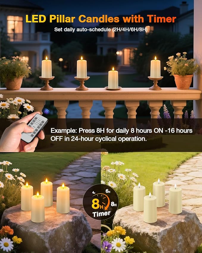 Yme Rechargeable Flameless Pillar Candles with Remote & Magnetic Charging Base,4PCS Waterproof Battery Operated LED Fake Candles Flickering with Timer for Indoor Outdoor Lantern Patio Yard Home Decor