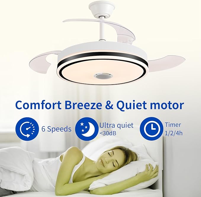 42'' Retractable Hanging Fan with Lights, Smart Fan Light with Bluetooth Speaker, App Control for Dimming & RGB Color Change Reversible Bedroom Living