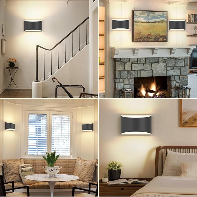 FOLKSMATE Modern LED Wall Sconces Set of 2, 3000K Warm White Up and Down Wall Mount Light, Extra Large Black Interior Wall Light Hardwired Lamp for Indoor Living Room Bedroom Hallway Basement Stairway