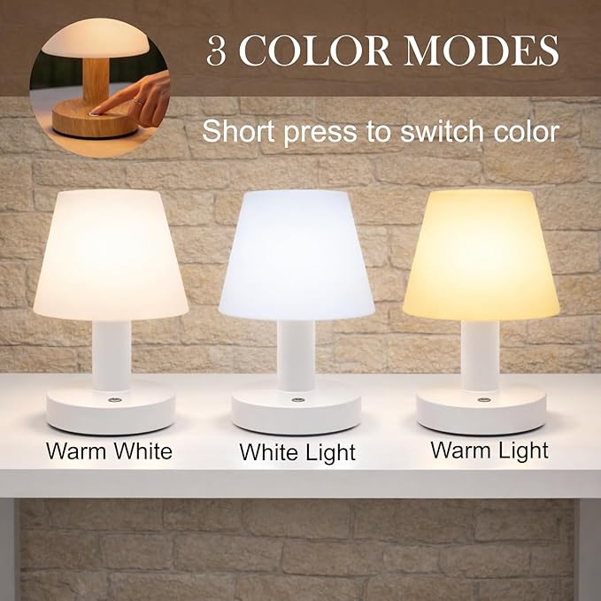 Cordless Table Lamp, Rechargeable Table Lamp, Waterproof Shower Lamp, 5200mAh Small Table Lamps, 3-Color Dimmable Touch Light, Portable Outdoor and indoor table lamp, Bedside night light (White)
