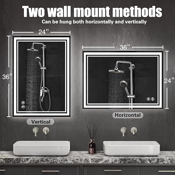 2 Pack 24“ x 36” LED Bathroom Mirror LED Mirror for Bathroom Fogless Dimmable 3 Colors Bathroom Mirror with Lights Smart Mirror Memory Function Wall Mounted Horizontal/Vertical