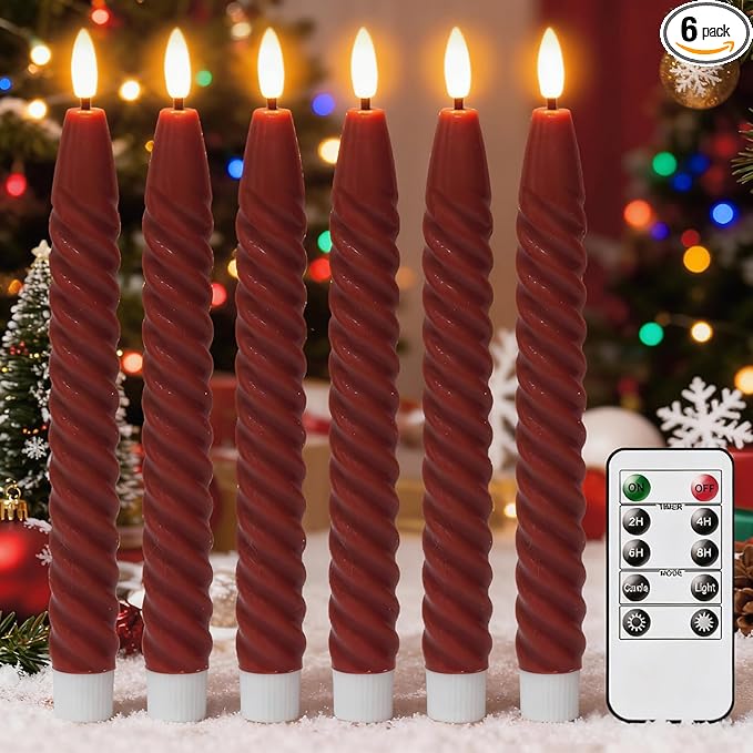 Red Flameless Taper Candles Flickering with Remote Timer, 3D Wick LED Spiral Candlesticks Battery Operated 6 Pack Real Wax Party Christmas Home Decor(0.78 X 9.8 Inchs)