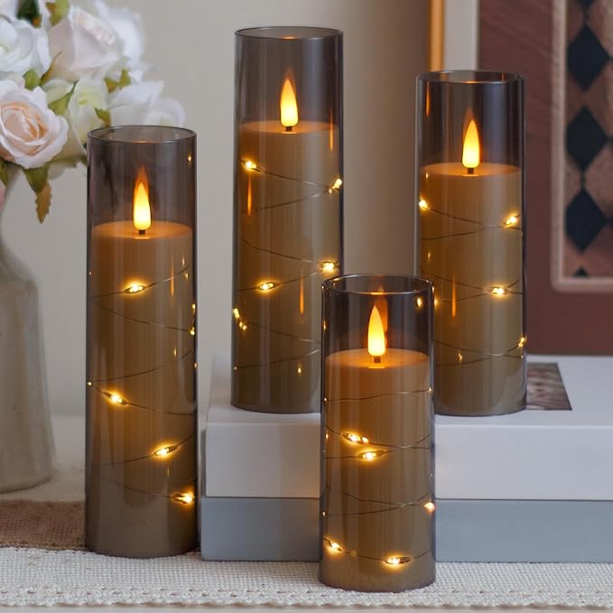 Flameless Flickering 2.2" x5" 6" 7" 8" 8" Candles, LED Battery Operated Grey Clear Plastic Timer Pillar Realistic Wick Candles (Long Lasting 600 Hrs, Pack of 5)