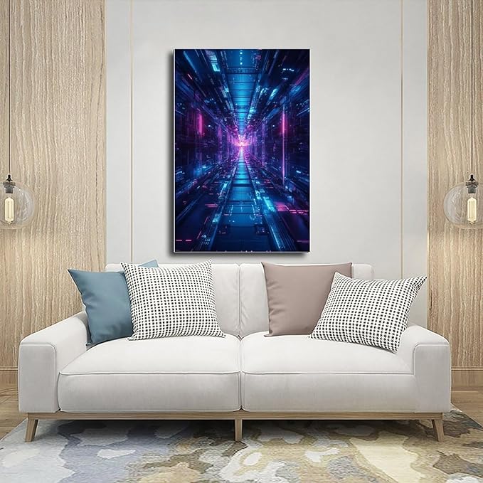 XAHOR High-Tech Digital Abstract Wall Art – Glowing Geometric Canvas Print – Minimalist Futuristic Aesthetic Home Decor Canvas Posters Wall Art Bedroom Office Room Decor Gift 20x30inch(50x75cm)