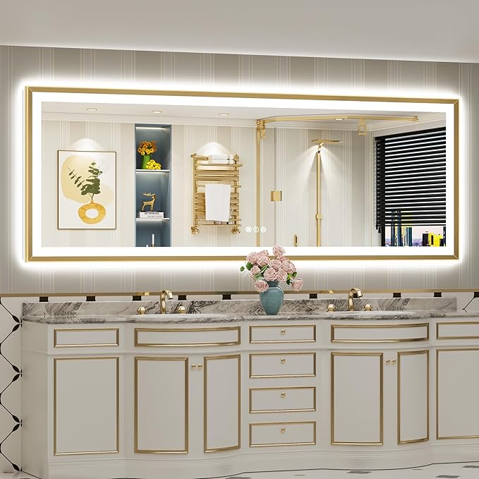 96x36 Gold Beveled Framed LED Bathroom Mirror with Lights, Backlit & Front Lit, Anti-Fog Metal Frame Lighted Vanity Mirrors for Bathroom Wall, Dimmable, 3-Color Light, Memory, Tempered Glass