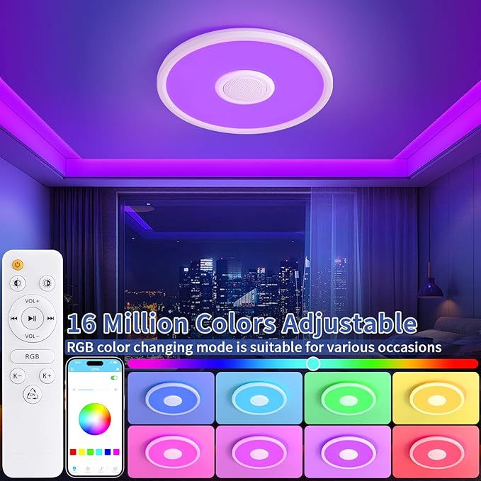 RGB LED Ceiling Light, with Bluetooth Speaker, 24W 11Inch Smart Music Ceiling Lamp with App and Remote Control, 3000K-6500K Color Changing Lights Fixture for Child Bedroom Bathroom, White