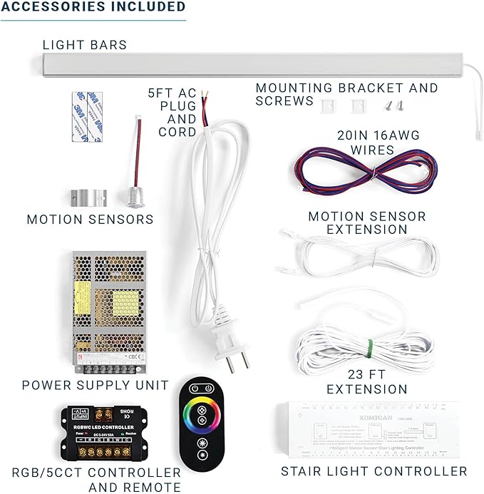 PARMIDA Intelligent Motion Sensor LED Indoor Stair Lighting Kit, RGB & 5CCT Color Selectable, 24" Aluminum Light Bars, Staircase Cascading Style, Remote Control, Dimmable, UL Driver, 200W - 20 Steps