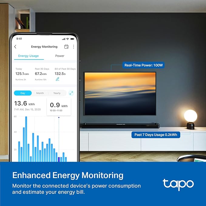 Tapo Smart Plug, Wi-Fi in-Wall Outlet, Matter Compatible, Energy Monitoring, 15A/1800W Max, Works with Alexa, Apple Home, Google Home, SmartThings, Voice/Remote Control, ETL Certified - Tapo P210M