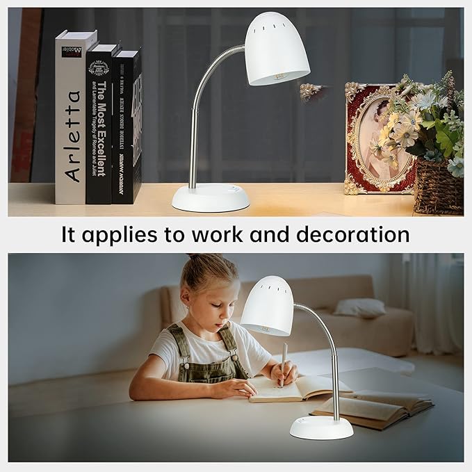 Eye-Caring Table Lamp of Simple Designs Home E26 Led Screw Basic Metal Desk Lamp with Flexible Gooseneck Hose Neck Study Lamp for Bedroom Office Living Room Convenient On/Off Switch(White)