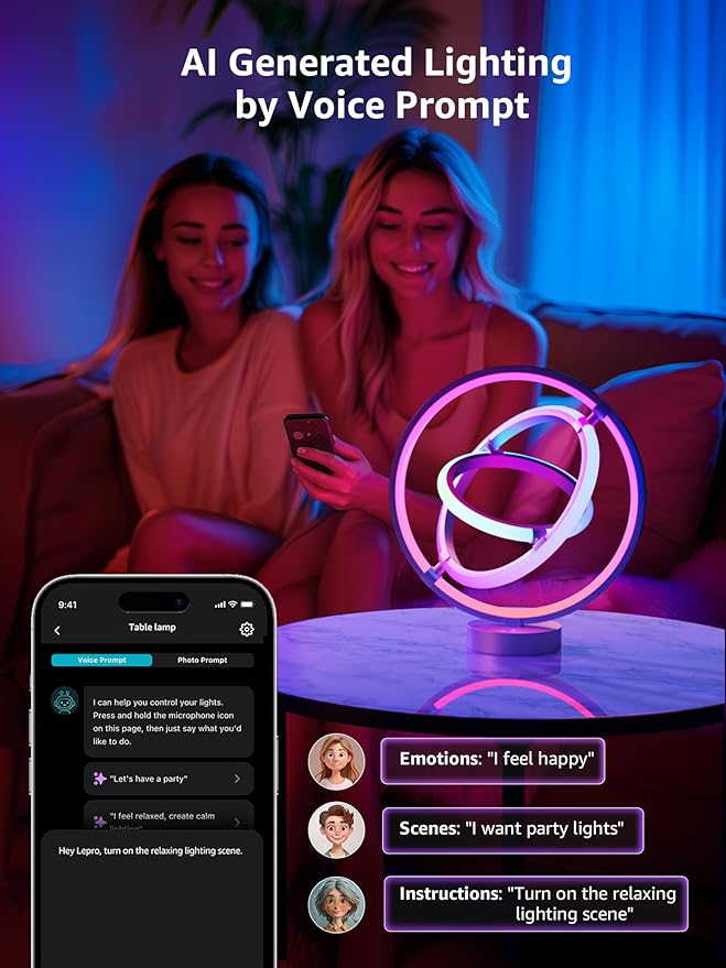 Lepro TB1 AI Smart Table Lamp, RGB+IC Addressable Color Changing Desk Light Alexa Google Home Enable, Music Sync, DIY Endless Scenes, APP Control Cool LED Lamp for Room Decor Ambient Lighting, 2.4 GHz