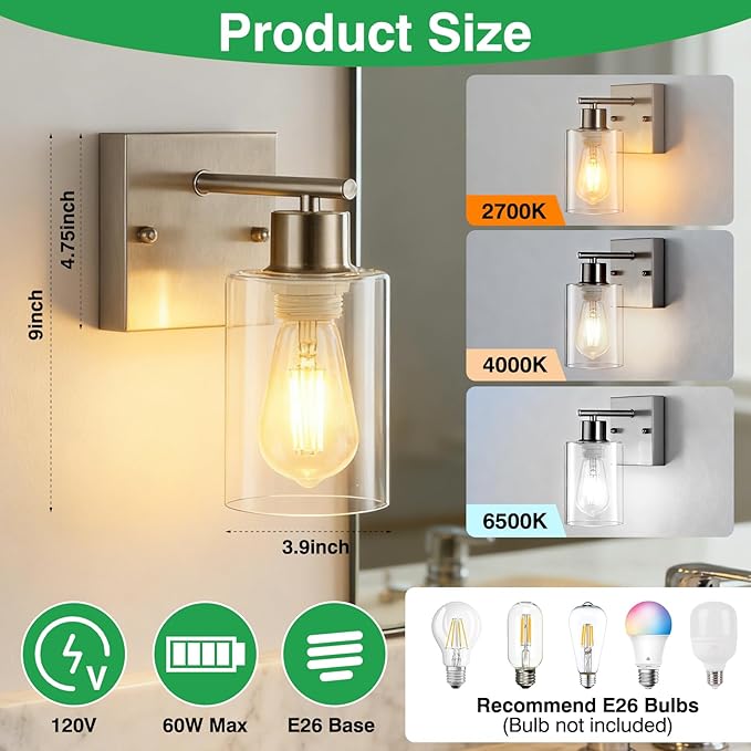 2-Pack Bathroom Wall Sconces, Brushed Nickel Vanity Lights, Modern Wall Light Fixture with Clear Glass Shade, Farmhouse Wall-Mount Lighting Lanterns, Wall Lamps for Mirror Living Room Bedroom Kitchen