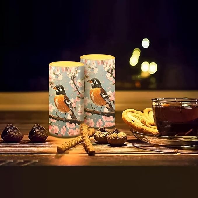 Robin Flower Flameless Candles 2 Pack 6 x 3 inch Battery Operated Candles with Multicolor Timer Remote Control LED Fake Candles for Warm Light Dinner Table Home Decor