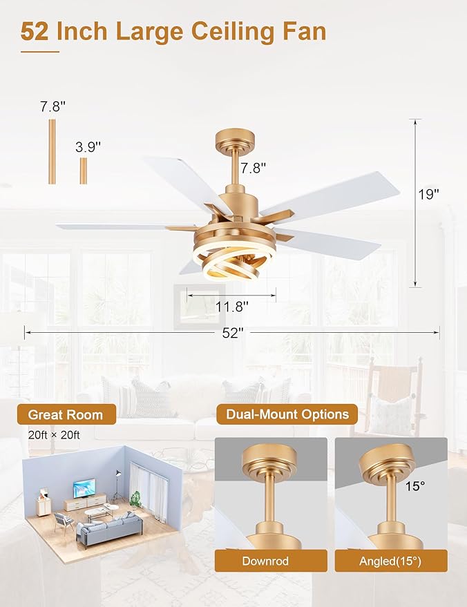 52" White Ceilling Fans with Lights Modern Chandelier Fan DC Motor Dimmable Led Fandelier Ceiling Fan with Light for Bedroom, Living Room