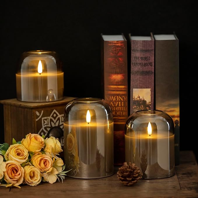 Gray Glass Flameless Candles Set of 3 (Φ 4" H 4" 5" 6") with Remote Battery Operated Flickering LED Pillar Candles Real Wax 3D Wick