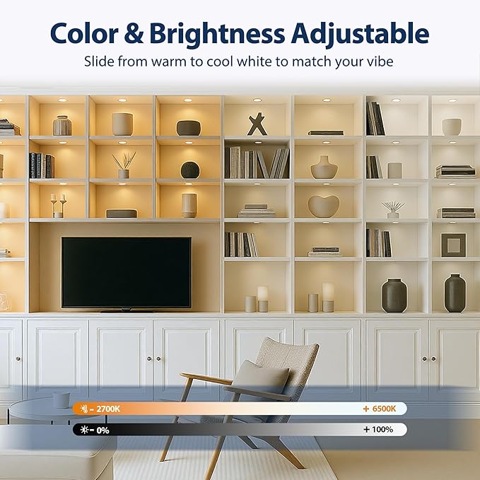 V4light Smart LED Puck Lights, Under Cabinet Lighting with Remote Control, Color Temperature Adjustable, Works with Alexa & Google Home, Plug-in Lights for Kitchen, Counter, Closet, Shelf (6 Pack)