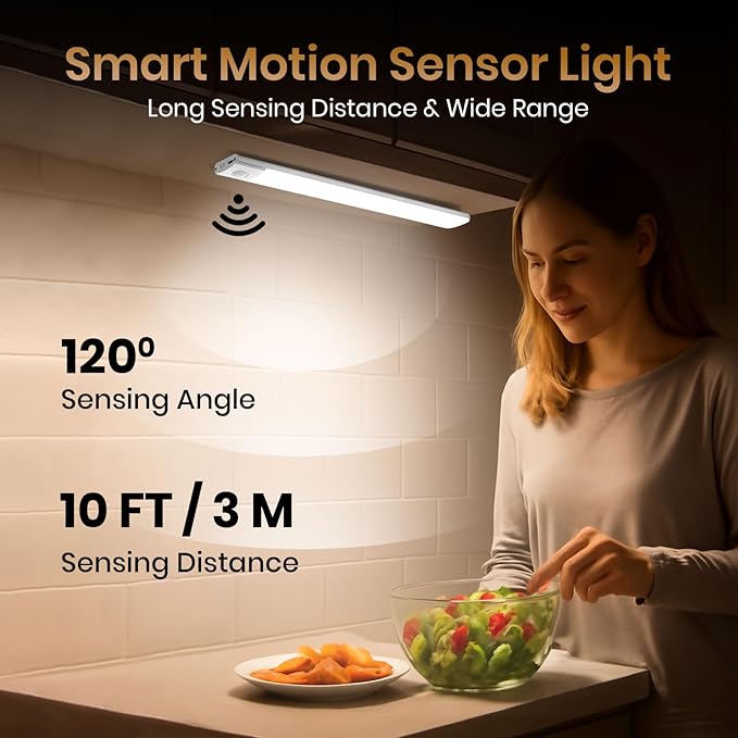 12 Inch Under Cabinet Lighting, 2 Pack 60 LED Motion Sensor Lights, 145LM USB-C Rechargeable, 2200mAh Battery, 10–100% Dimmable, 3 Color Modes, Stick-On Magnetic LED Closet Lights for Kitchen