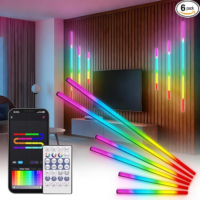 6 Pcs RGB+IC Recessed Lighting for Acoustic Wall Panels, Alexa Compatible RGB Wall Lights for Acoustic Wood Slat Panel, Smart WiFi Self-Adhesive LED Recessed Lights for Slat Decor (2*25+2*35+2*54in)