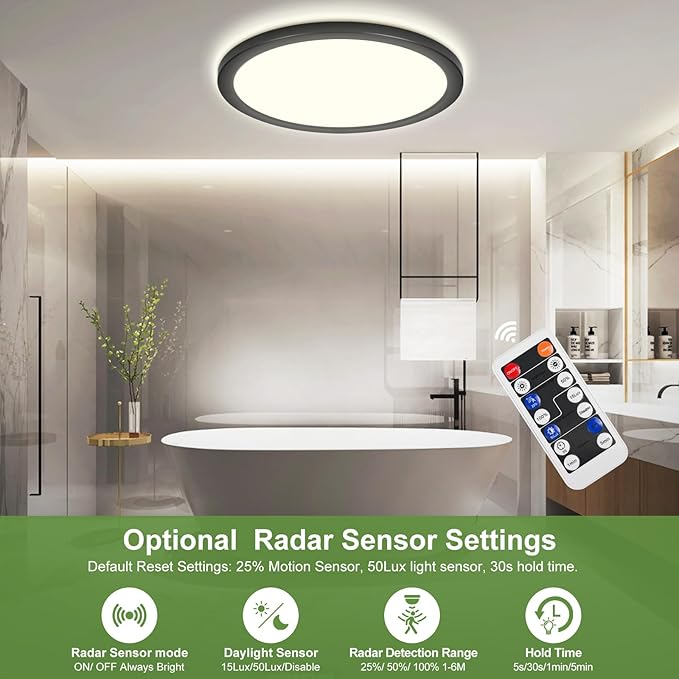LEZOE 24W Motion Sensor LED Ceiling Light dimmable, 12Inch 2400lm 2700K/4000K/6500K IP54 Flush Mount Lighting Fixture with Remote, Radar Ceiling Lamp for Hallway Laundry Porch Stair Closet Wired