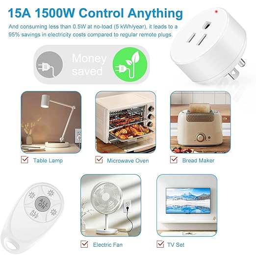 Remote Control Outlet,Greencycle 2 Remote Light Switches and 2 Plugs,Wireless Light Switch,500ft Range,No Wiring Needed,15A/1500W for Household Appliances,FCC Certified,White