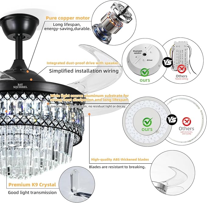 BAYSQUIRREL Retractable Crystal Ceiling Fan with Lights, Bluetooth Ceiling Fan with Speaker, 6-Speed Reversible Blades, RGB-LED Light, Low Profile Modern Fandelier Fan for Bedroom Living Room 42"
