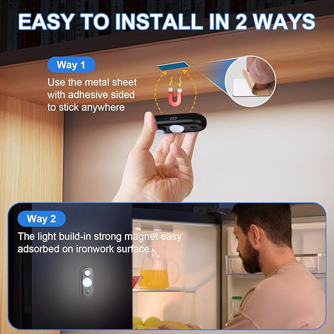 LED Motion Sensor Light Indoor, Black Magnetic Under Cabinet Lighting Daylight White, Dimmable Rechargeable Puck Lights for Closet, Kitchen, Stairs(4 Pack)