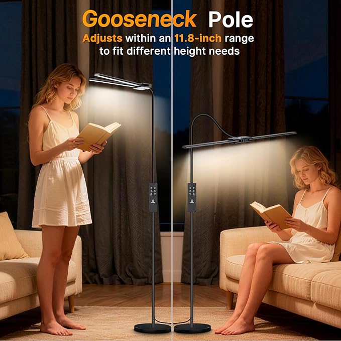 Syrinx LED Floor Lamp, 14W 2000LM Bright Reading Floor Lamp for Office, Gesture & Remote Control, Dual Head Goose-Neck Standing Lamp, Dimmable Brightness & Color Temp, Eye Caring Light for Living Room
