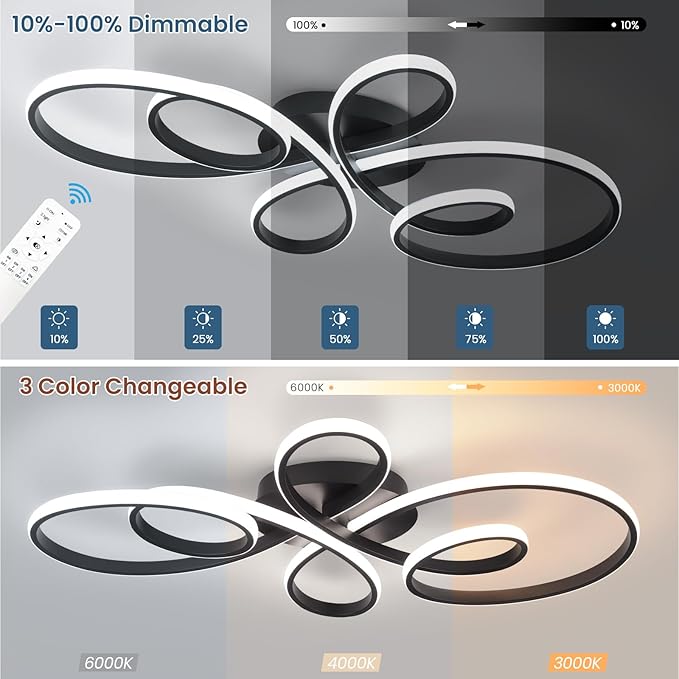 66W Modern LED Ceiling Light, Flower Flush Mount Light Fixture with Remote Control Black Dimmable Ceiling Lamp for Living Room, Bedroom, Dining Room, Hallway, Kitchen