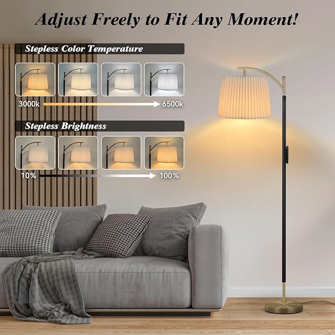 Etto Modern Dimmable Floor Lamp with Fabric & Pleated Shades, Remote & Touch Control, Adjustable Brightness & Color Temperatures, Tall Standing Lamp for Living Room Bedroom Office (Black Gold)