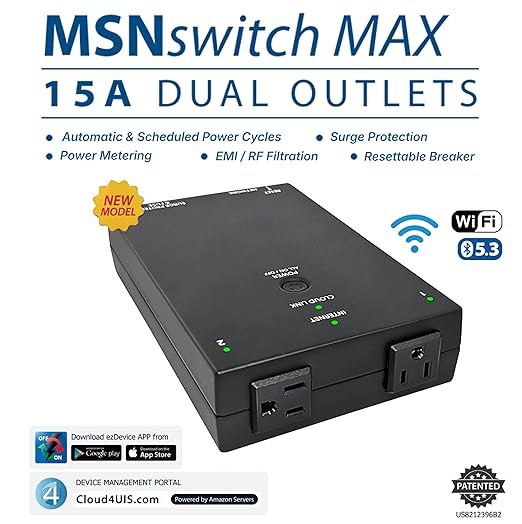 MSNswitch MAX 2-Outlet Internet Enabled Power Switch with Auto Reboot, Power Metering, Surge Protection & Noise Filtration - Ethernet & WiFi - Control via Smartphone, Cloud or API (Model UIS-801bc)