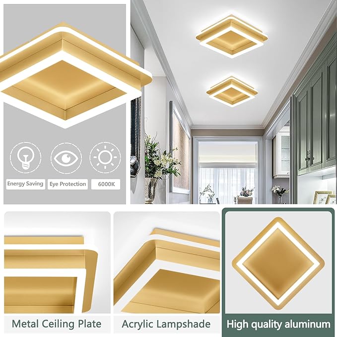 CANEOE 2 Packs Square Modern LED Light Fixture, 24W Black Flush Mount Hallway Light, Small Close to Ceiling Lamp for Living Room, Bedroom, Kitchen, Balcony, Cloakroom (All Gold, 2 Packs)